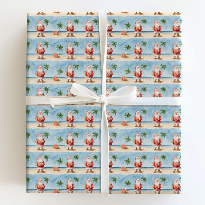 Beach Christmas Gift Wrap, Tropical Santa Wrapping Paper, Watercolor Coastal Santa Wrapping Paper, Palm Tree Holiday Gift Wrap, Seaside Wrap