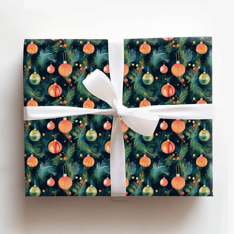 Pine Branch Holiday Gift Wrap, Watercolor Ornament Christmas Wrapping Paper, Dark Green Xmas Wrapping Paper, Festive Winter Gift Wrap Roll