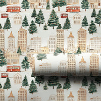 Red Trolley Christmas Gift Wrap, Winter Cityscape Wrapping Paper, Watercolor City Streetcar Wrapping Paper, Festive Holiday Gift Wrap Roll