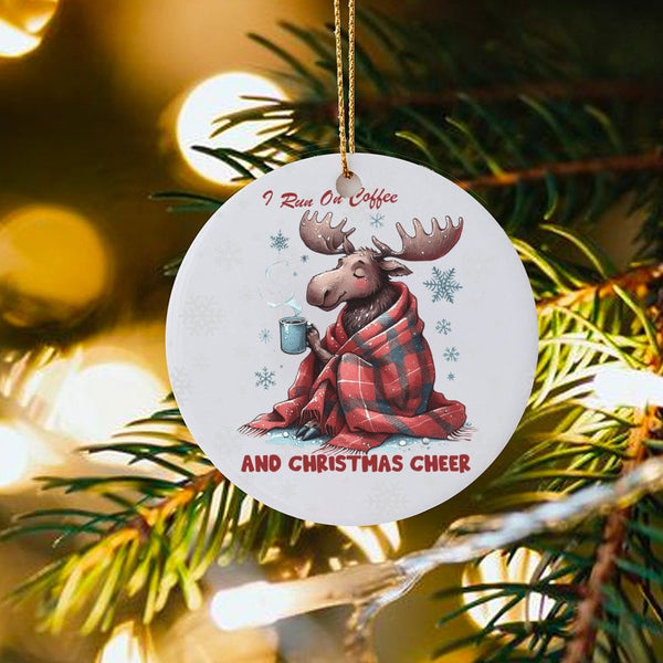 Coffee Lover Holiday Ornament, Moose Christmas Ornament, Buffalo Plaid Winter Ornament, Ceramic Tree Hanging Ornament, Comfy 