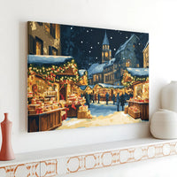 European Winter Village Canvas Art, Christmas Market Canvas Print, Festive Holiday Night Canvas, Snowy City Wall Decor, Christmas Present