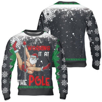 Humorous Pole Dancing Santa Sweatshirt, Working It at the Pole Ugly Christmas Sweater, Naughty Xmas Party Crewneck, Holiday Humor Pullover