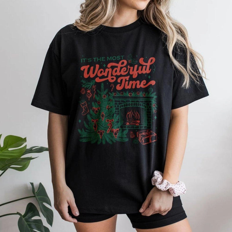 Retro Fireplace Holiday Graphic Tee, It's the Most Wonderful Time Christmas T-Shirt, Comfy Xmas Tree Shirt, Festive Holiday Graphic T-Shirt