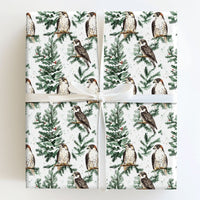 Snowy Pine Tree Bird Gift Wrap, Falcon Christmas Wrapping Paper, Watercolor Hawk Gift Wrapping Paper, Winter Wildlife Holiday Present Paper