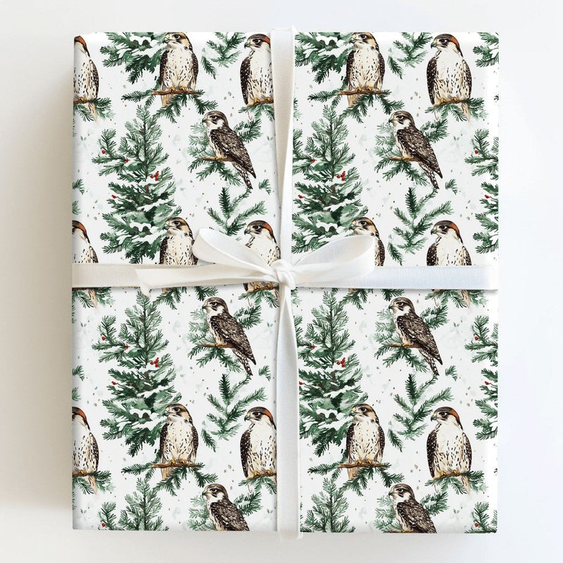 Snowy Pine Tree Bird Gift Wrap, Falcon Christmas Wrapping Paper, Watercolor Hawk Gift Wrapping Paper, Winter Wildlife Holiday Present Paper
