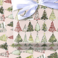 Pink Holiday Gift Wrap, Watercolor Christmas Tree Wrapping Paper, Festive Pine Tree Present Paper, Adorable Winter Holiday Wrapping Paper Roll