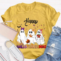 Adorable Three Ghosts Holiday Tee, Happy Hallothankmas T-Shirt, Halloween Thanksgiving Christmas Shirt, Humorous Ghost Graphic T-Shirt