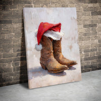 Rustic Christmas Holiday Canvas, Western Cowboy Boots with Santa Hat Canvas Art, Farmhouse Winter Wall Decor, Country Xmas Canvas Print