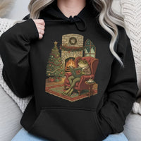 Comfy Christmas Bookish Frog Hoodie, Reading Frog Hoodie, Book Lover Holiday Hoodie, Adorable Cottagecore Reader Pullover Sweatshirt, Winter Present