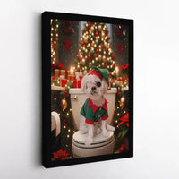 Elf Costume Dog Toilet Scene Canvas Print, Humorous Maltese Dog Christmas Canvas Art, Humorous Holiday Canvas, Adorable Xmas Bathroom Decor