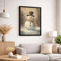 Winter Holiday Painting Canvas Print, Vintage Snowman Canvas Wall Art, Christmas Snowman with Top Hat Wall Decor, Rustic Holiday Wall Art