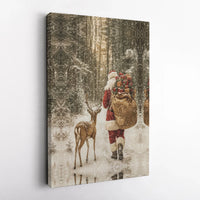 Winter Wonderland Canvas Print, Santa Claus with Reindeer Canvas Wall Art, Snowy Forest Holiday Wall Canvas, Christmas Home Decor Present