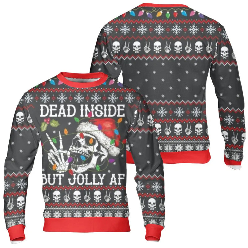Humorous Christmas Skull Holiday Sweater, Dead Inside but Jolly AF Sweatshirt, Sarcastic Gothic Xmas Crewneck, Spooky Holiday Pullover