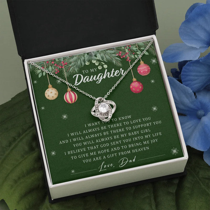 Message Card Love Knot Necklace, Daughter Love Knot Necklace from Dad, Christmas Love Knot Jewelry, CZ Pendant Necklace, Present for Daughter