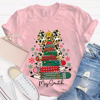 Bow and Colored Pencil Holiday Graphic Tee, Personalized Christmas Tree T-Shirt, Custom Teacher Christmas Shirt, Adorable School Holiday Tee