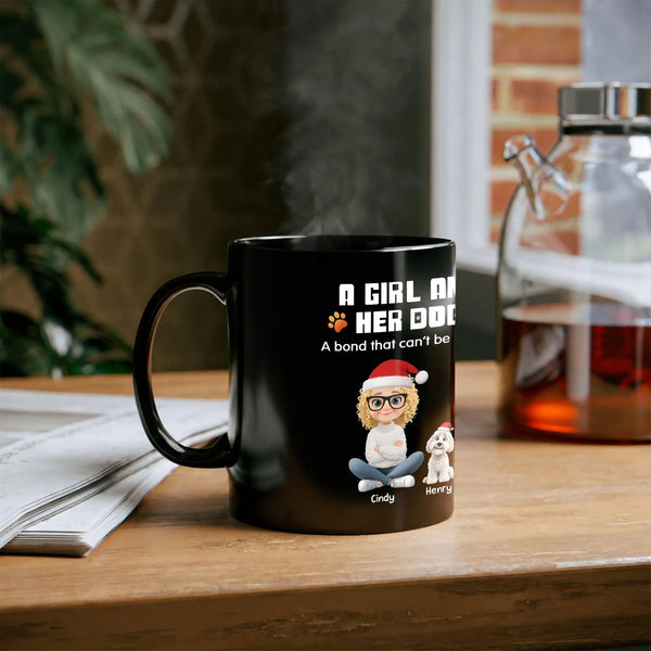 Personalized Holiday Pet Lover Mug, A Girl and Her Dog Ceramic Mug, Custom Cartoon Puppy Coffee Cup, Winter Christmas Present
