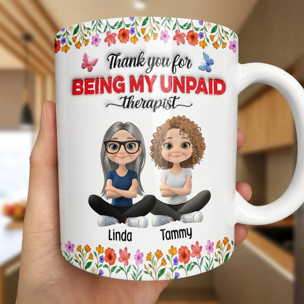 Personalized Cartoon Bestie Coffee Mug, Unpaid Therapist Best Friend Ceramic Mug, Humorous Soul Sister Coffee Cup, Christmas 