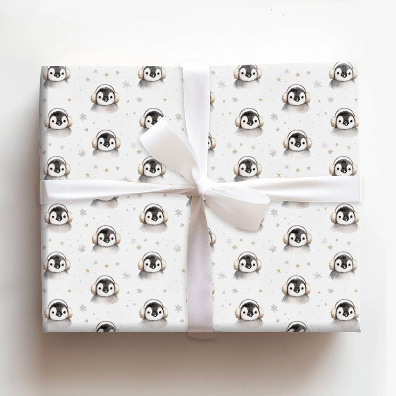 Adorable Watercolor Winter Animal Gift Wrap, Baby Penguin Christmas Wrapping Paper, Snowflake Holiday Wrapping Paper, Festive Baby Gift Wrap