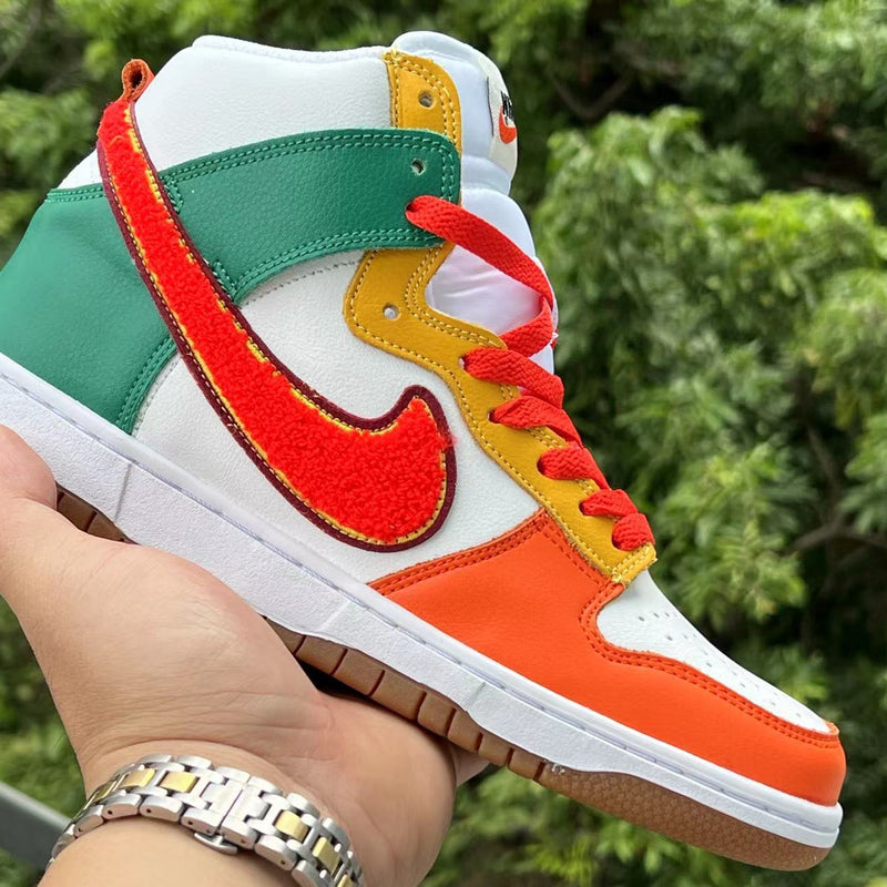 High Top Sneakers, Orange White Green Colorway, Lace Up Design, Casual Gift for Sneaker Fans