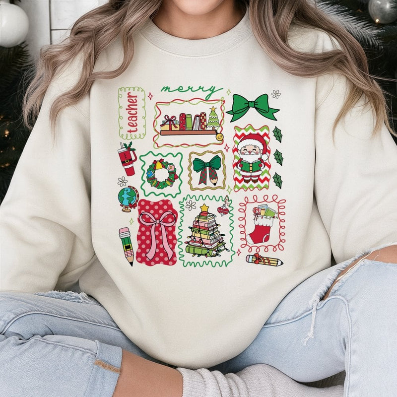 School Supplies Holiday Sweater, Merry Teacher Christmas Sweatshirt, Adorable Educator Xmas Graphic Pullover, Winter Break Teacher Crewneck
