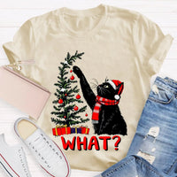 Humorous Holiday Cat Chaos Shirt, Black Cat Pushing Christmas Tree T-Shirt, Adorable Festive Kitty Graphic Tee, Cat Lover Christmas Present