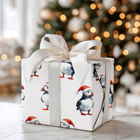 Watercolor Christmas Bird Gift Wrap, Santa Hat Puffin Wrapping Paper, Adorable Holiday Puffin Wrapping Paper, Winter Wildlife Present Wrap Roll