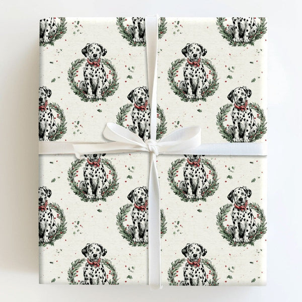 Dog Wreath Holiday Gift Wrap, Dalmatian Christmas Wrapping Paper, Puppy Lover Festive Wrapping Paper, Adorable Dog Holiday Gi