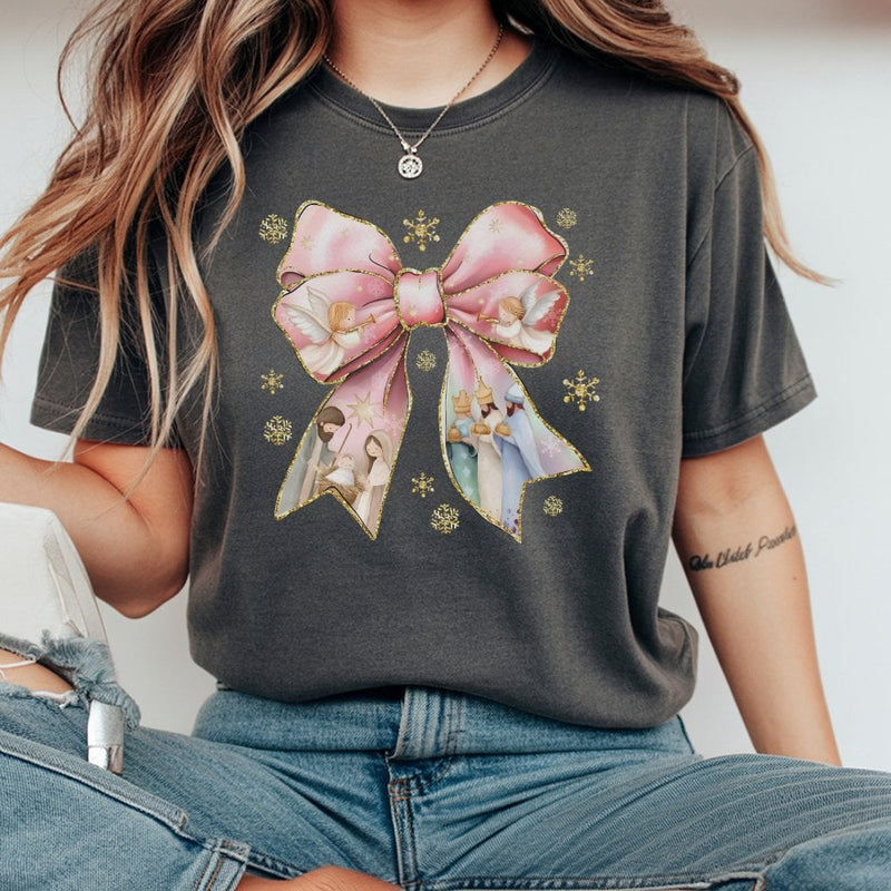 Adorable Christmas Bow T-Shirt, Pink Coquette Nativity Bow Shirt, Christian Holiday Graphic Tee, Religious Xmas Graphic T-Shirt, Present for Women