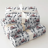 Pine Tree Biker Santa Gift Wrap, Red Motorcycle Santa Wrapping Paper, Festive Motorcycle Christmas Wrapping Paper, Biker Gift Wrap