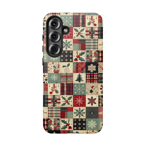 Holiday Snowflake Plaid Samsung Galaxy Case, Christmas Patchwork Phone Case, Festive Holly Berry Phone Cover, Xmas Stocking S