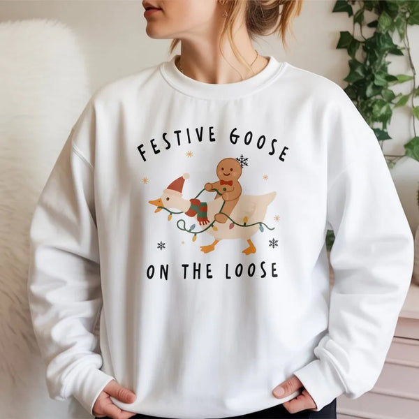 Humorous Christmas Goose Crewneck, Festive Goose on the Loose Sweatshirt, Gingerbread Man Riding Goose Pullover, Holiday Swea