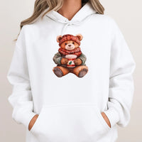 Adorable Holiday Coffee Teddy Hooded Sweatshirt, Christmas Bear Hoodie, Comfy Winter Bear Hoodie, Festive Teddy Bear Sweatshirt