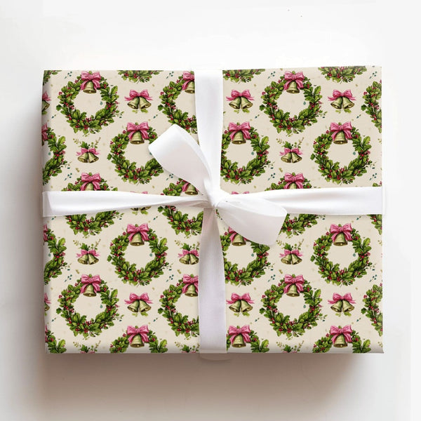 Vintage Christmas Gift Wrap, Holly Wreath Wrapping Paper, Gold Bells Holiday Wrapping Paper, Pink Bow Christmas Gift Wrap Rol