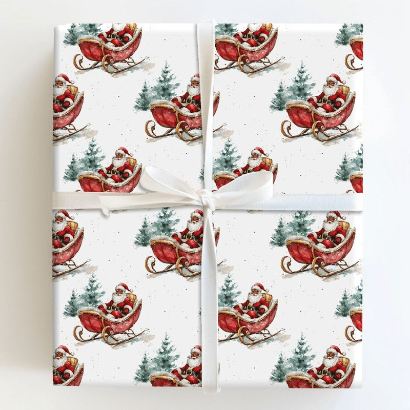 Watercolor Pine Tree Christmas Wrapping Paper, Black Santa Sleigh Wrapping Paper, Inclusive Holiday Gift Wrap, Festive Xmas Wrapping Paper