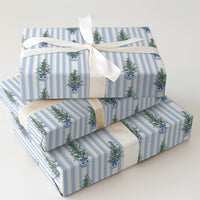 Blue and White Topiary Gift Wrap, Chinoiserie Christmas Tree Wrapping Paper, Grandmillennial Wrapping Paper, Holiday Striped Wrapping Paper