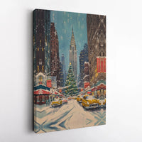 NYC Watercolor Canvas Print, Christmas in New York Canvas Wall Art, Vintage Holiday Cityscape Canvas, Winter City Wall Decor, Christmas Present