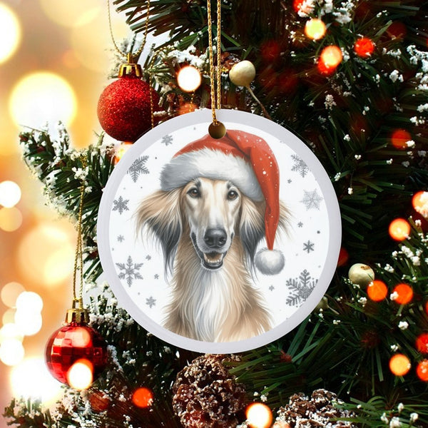 Santa Hat Afghan Hound Dog Ornament, Afghan Hound Christmas Ornament, Ceramic Holiday Pet Ornament, Purebred Dog Lover Keepsa