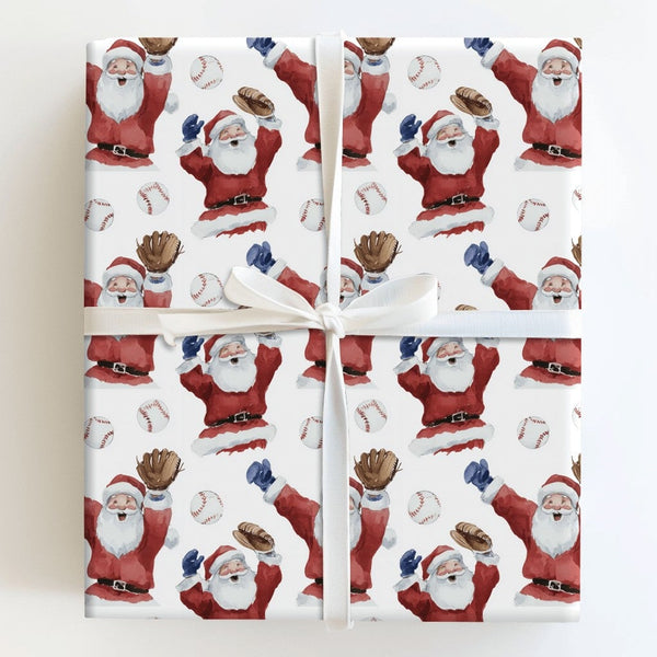 Watercolor Sports Christmas Gift Wrap, Baseball Santa Wrapping Paper, Santa Playing Ball Wrapping Paper, Holiday Baseball Fan