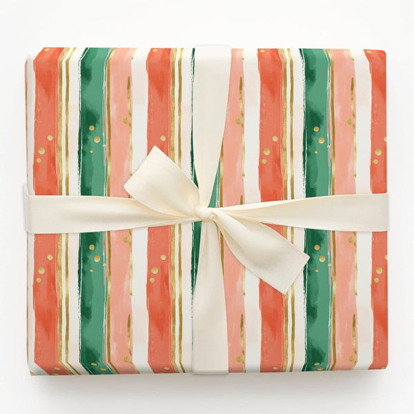Red Green Gold Confetti Gift Wrap, Painterly Stripe Christmas Wrapping Paper, Modern Holiday Wrapping Paper, Artistic Xmas Gi