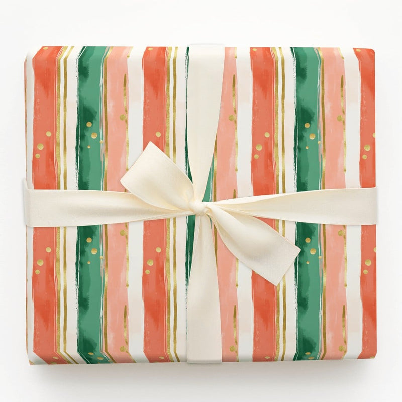 Red Green Gold Confetti Gift Wrap, Painterly Stripe Christmas Wrapping Paper, Modern Holiday Wrapping Paper, Artistic Xmas Gift Wrap Roll