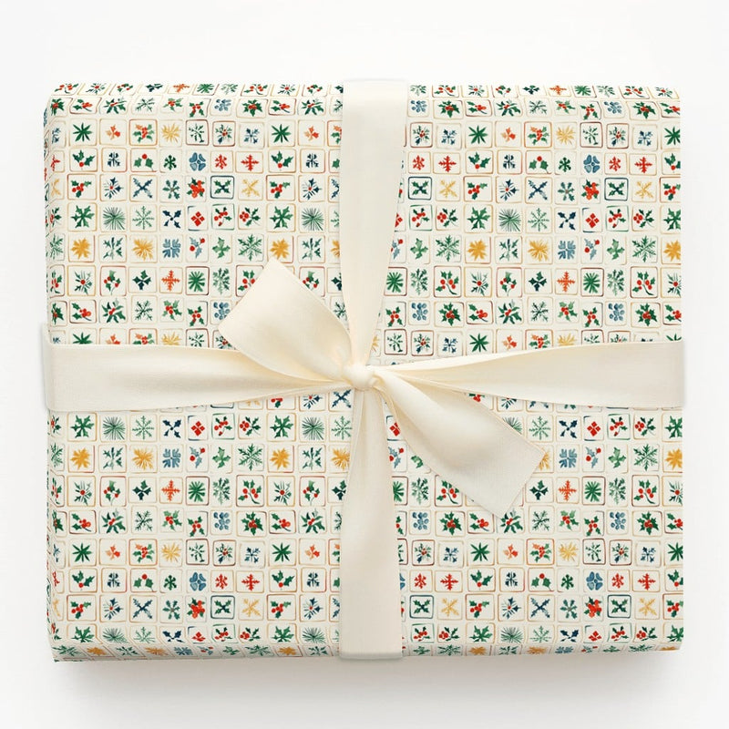 Snowflake and Holly Gift Wrap, Folk Art Christmas Wrapping Paper, Rustic Holiday Wrapping Paper, Traditional Winter Present Gift Wrap Roll