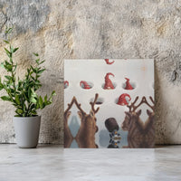 Whimsical Holiday Painting, Christmas Gnomes and Reindeer Square Canvas, Winter Stretched Canvas Print, Adorable Festive Wall Art Decor Present