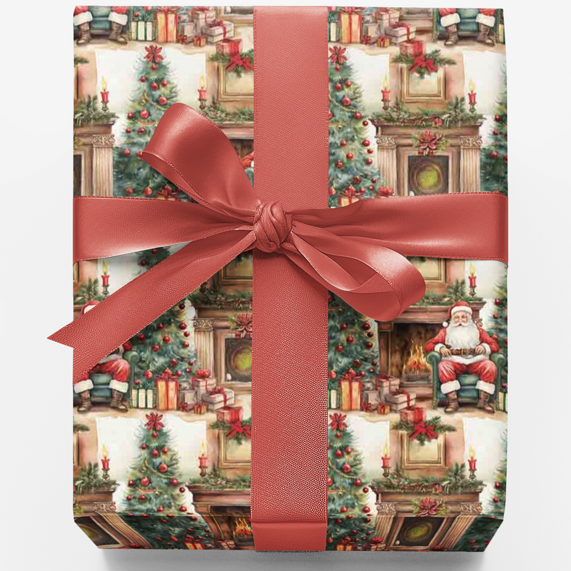 Fireside Santa Christmas Gift Wrap, Vintage Santa Wrapping Paper, Comfy Holiday Wrapping Paper, Retro Xmas Gift Wrap, Winter Present Paper