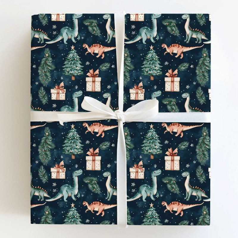 Watercolor Dino Gift Wrap, Navy Christmas Dinosaur Wrapping Paper, Winter Tree Holiday Dinosaur Wrapping Paper, Kids Gift Wrapping Paper