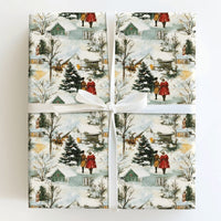 Reindeer Cabin Winter Gift Wrap, Vintage Snowy Village Christmas Wrapping Paper, Watercolor Town Holiday Wrapping Paper, Retro Gift Wrap