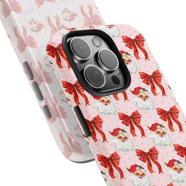 Christmas Red Bow Pattern Cover, Vintage Santa Phone Case for iPhone, Retro Holiday Xmas Aesthetic Phone Case, Dual Layer Tou
