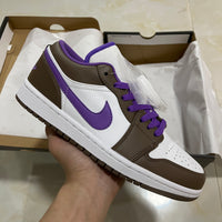 Low Top Sneakers, White Purple Brown Colorway, Lace Up Design, Casual Gift for Sneaker Fans