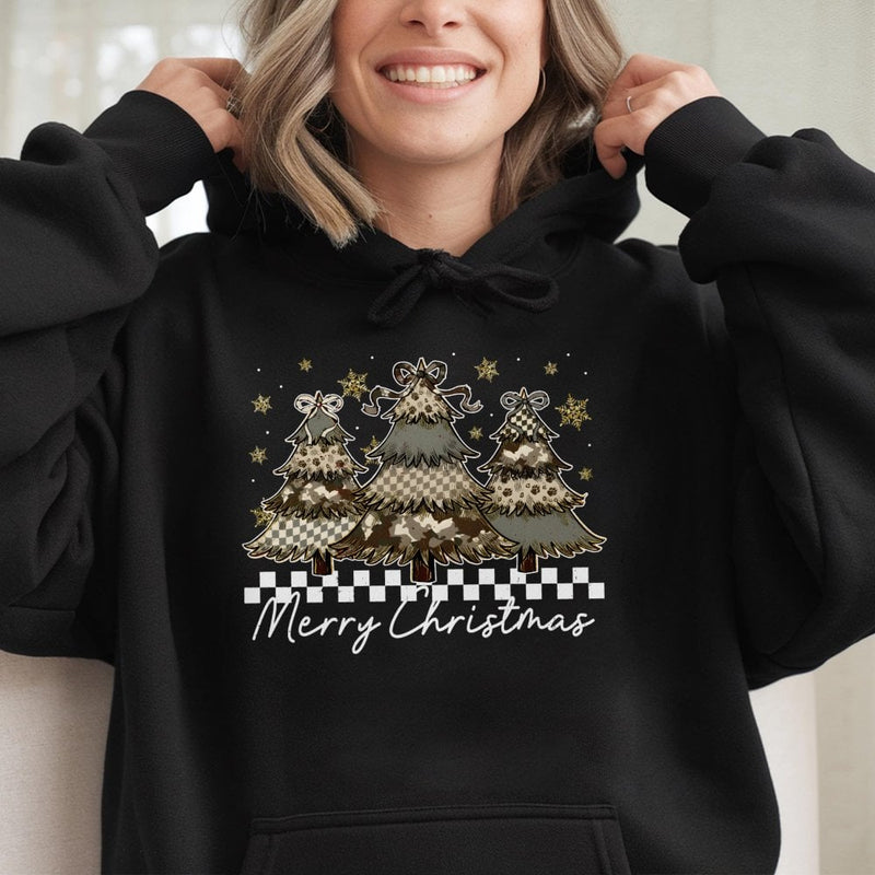 Merry Christmas Tree Hoodie, Camo Checkered Christmas Tree Hoodie, Western Aesthetic Holiday Sweatshirt, Trendy Xmas Tree Pullover
