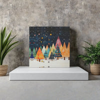 Folk Art Winter Forest Canvas Art, Whimsical Christmas Trees Canvas Print, Colorful Night Sky Wall Canvas, Holiday Season Decor Canvas Present