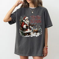 Humorous Deer Hunter Christmas T-Shirt, Tis the Season Santa Hunting Shirt, Outdoorsman Graphic Tee, Retro Santa Hunter Holiday Shirt